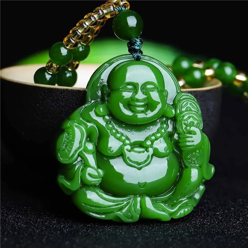 Jewelry & Watches Store - 中国の緑のヒスイ弥勒仏ペンダントネックレスチャーム硬玉ジュエリー彫アミュレットファッションアクセサリー女性男性