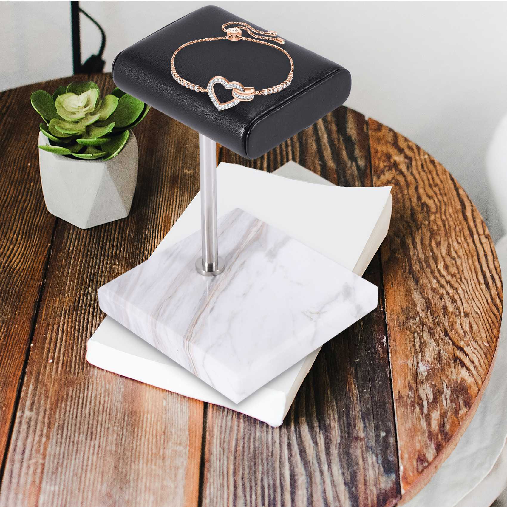 Jewelry Stand Watches - ABQR ホワイトマーブルウォッチブレスレットディスプレイスタンド ブラックPUレザー ジュエリースタンド ウォッチスタンド シルバーカラーロッドプレースメントスタンド
