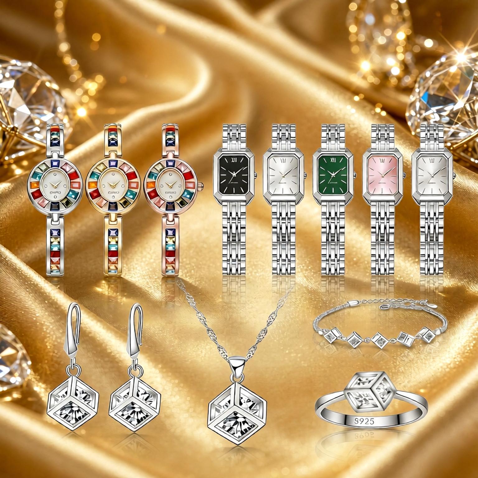 Best Jewelry Watches Women - 絶妙な925スターリングシルバー幾何学模様クリスタルジルコンネックレスイヤリング腕時計セット 女性用 記念日 バレンタインデー 最高の贈り物