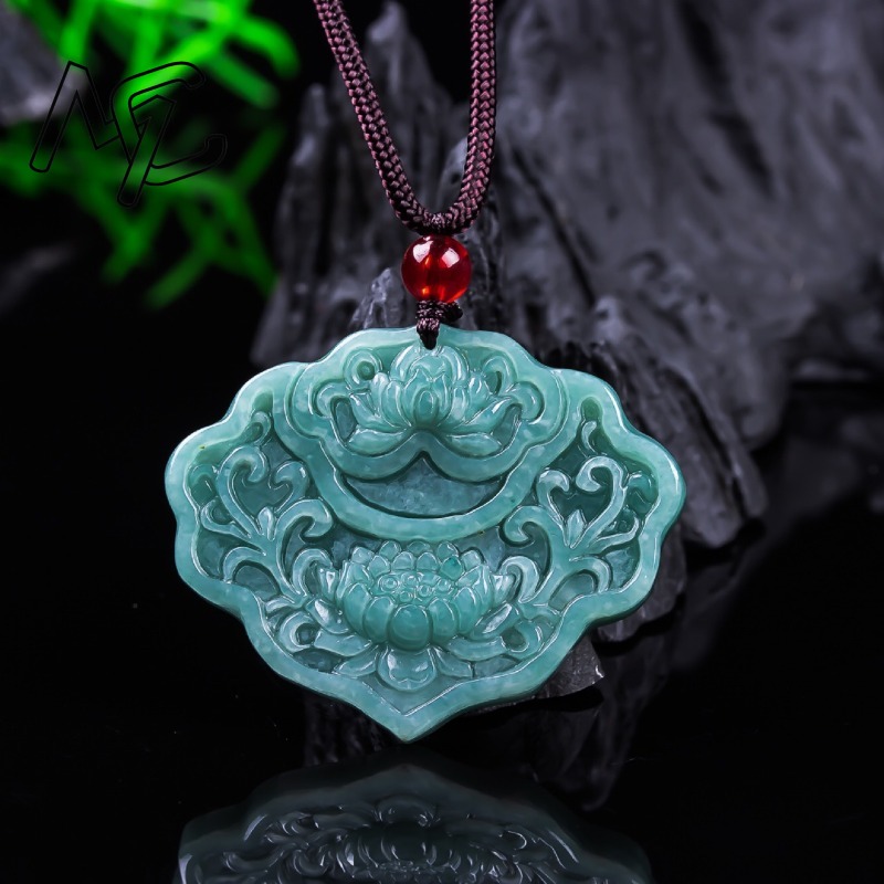 Jewelry & Watches Store - 本物のビルマ産エメラルド翡翠ブルーウォータールイイ蓮ペンダントお守り天然エメラルドジュエリーギフト証明書付きセーターチェーン女性用