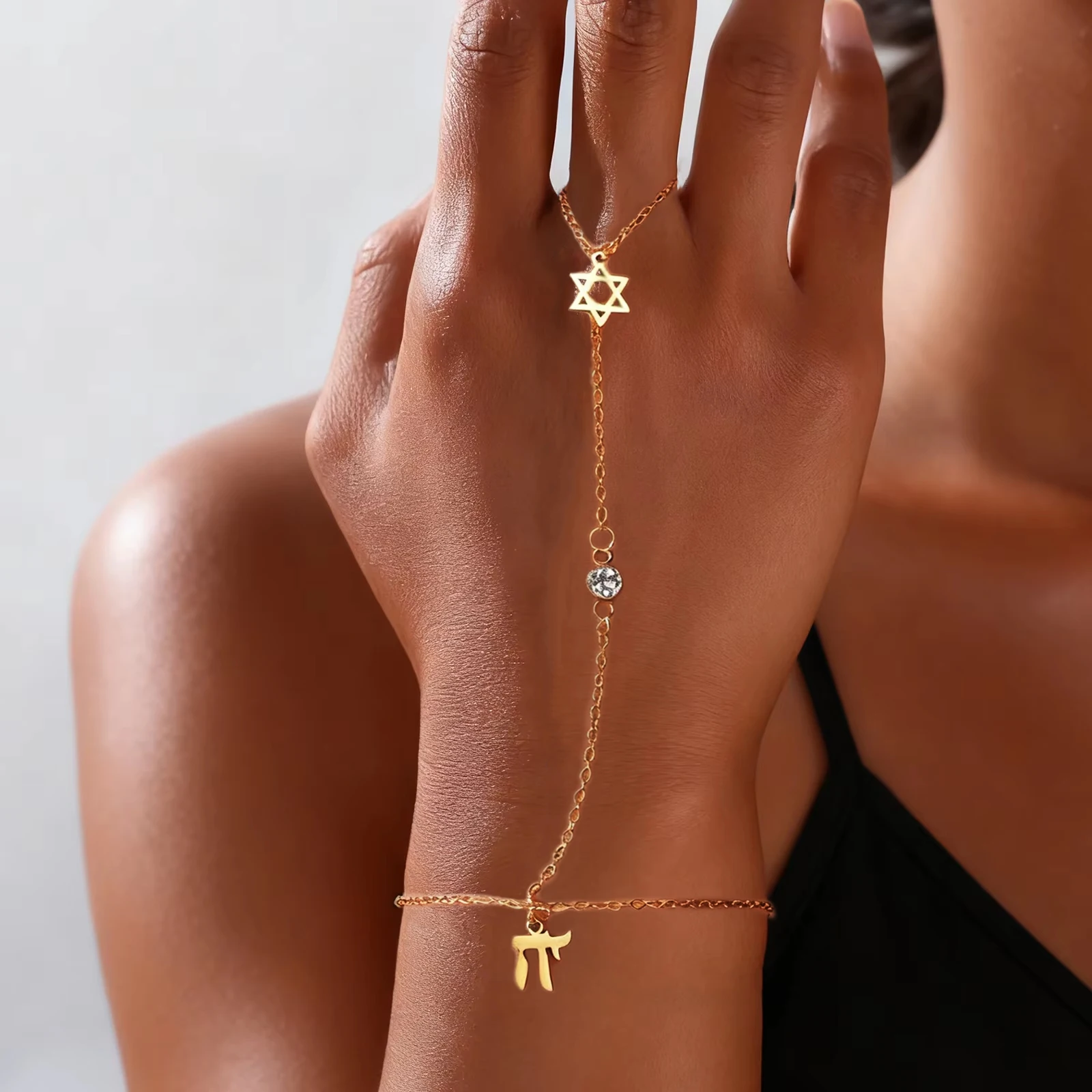 Jewelry & Watches Store - ユダヤ教のダビデの星、ヘブライ文字チャイ、指輪型ブレスレット、ステンレス製、調節可能、六芒星ジルコンブレスレット、お守りジュエリー