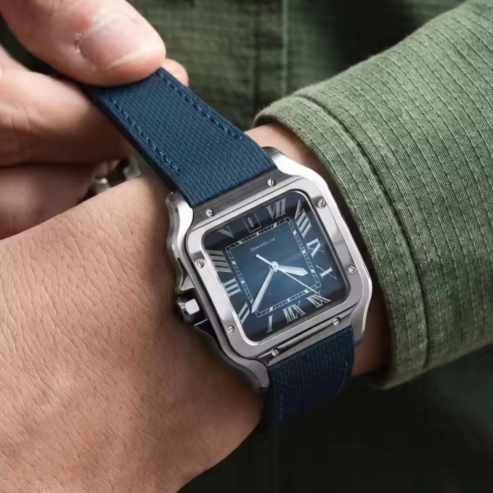 Cartier Watch Santos - カルティエ サントス用、帆布素材のFKMゴム製時計バンド。20mm/23mm/24mmのサイズ展開。オリジナルのスチール製エンドリンク付き。