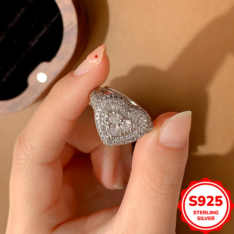 Statement Cocktail Ring - 豪華で多用途な本物のS925シルバー製ハート型フルダイヤモンドレディース婚約指輪・プロポーズリング フレンチスタイル
