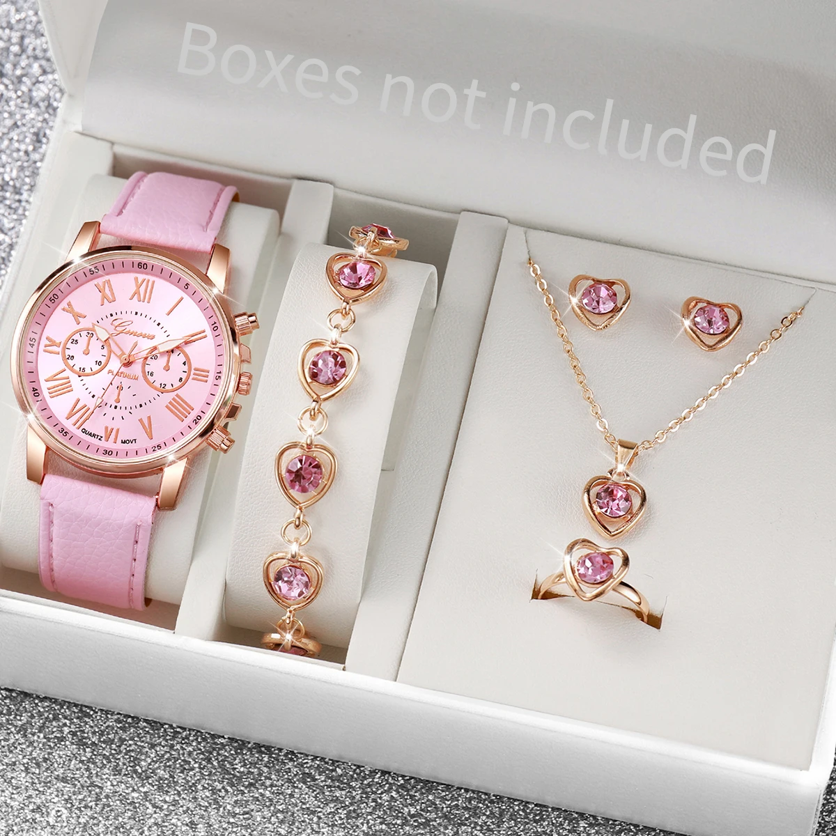 Jewelry Watch Making - AAA5個入りピンクハートクリスタル腕時計ジュエリーセット 女性用 ローマ数字文字盤 レザー クロノグラフ クォーツ腕時計