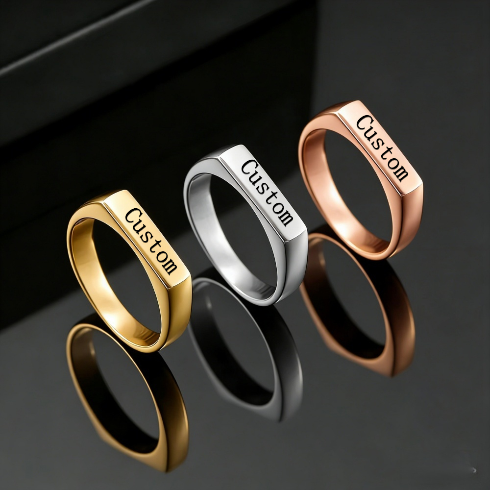 カスタマイズされた彫刻名写真リングステンレス鋼パーソナライズ - Statement Cocktail Ring のレビューと価格