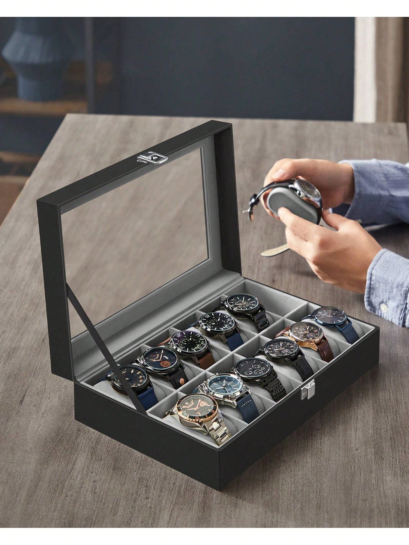 12スロットのロック可能な時計ボックス、ガラス蓋と引き出し付 - Jewelry Stand Watches のレビューと価格