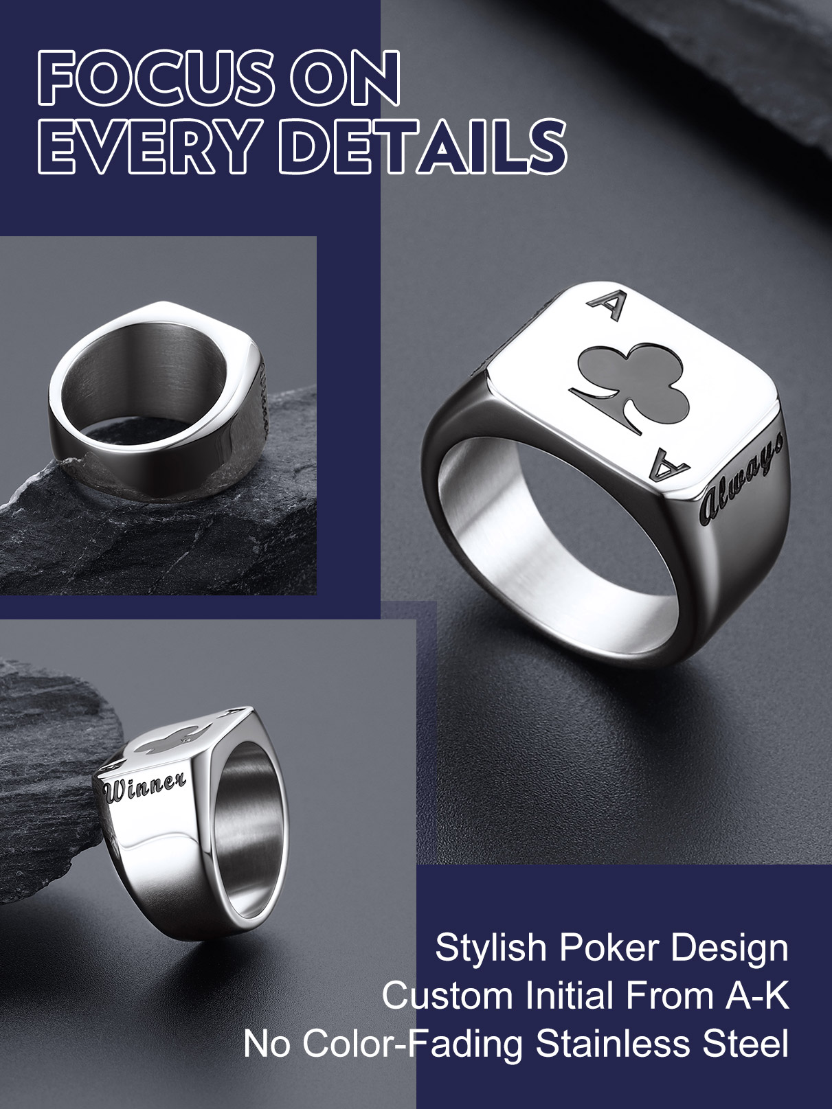 U7 カスタマイズされた正方形長方形ステンレス鋼ポーカーカー - Statement Cocktail Ring のレビューと価格